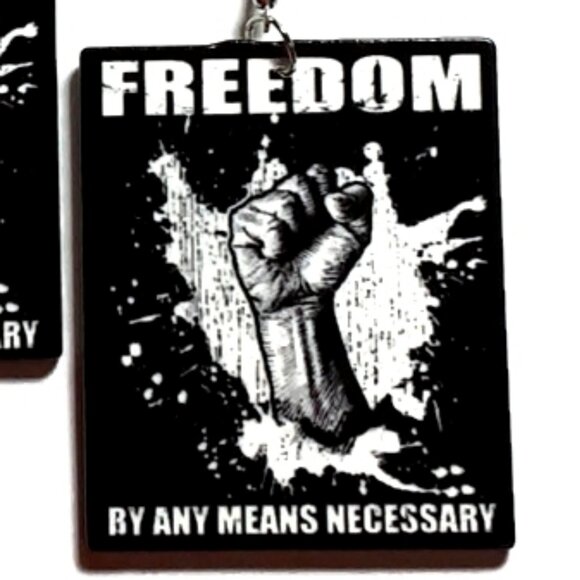 FREEDOM Power Fist Rectangle Statement Dangle Wood Earrings - Picture 3 of 5